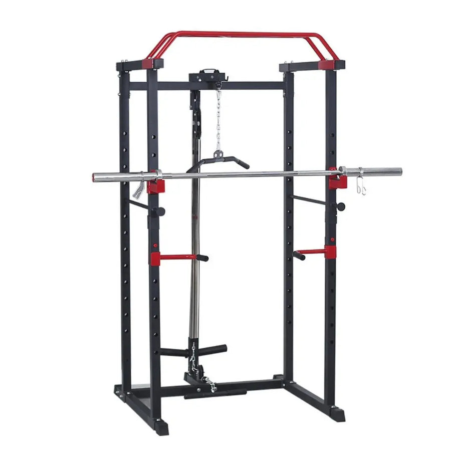 Jaula con poleas tipo power cage con barra de dominadas y soportes de dips
