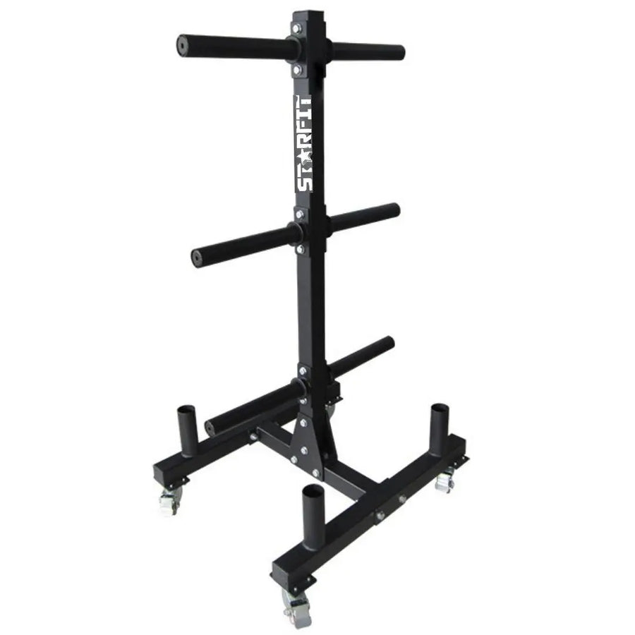 Rack con ruedas para 6 discos bumper y 4 barras olímpicas