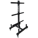 Rack con ruedas para 6 discos bumper y 4 barras olímpicas