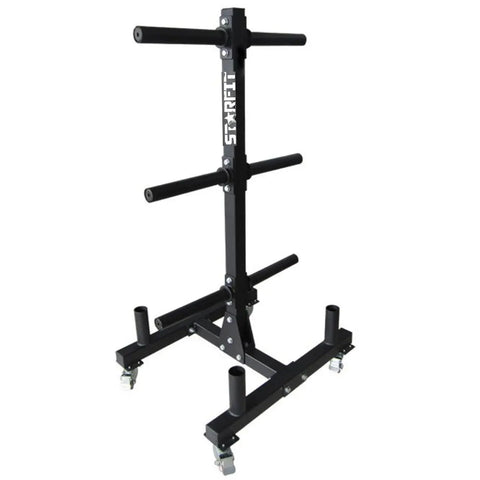 Rack con ruedas para 6 discos bumper y 4 barras olímpicas